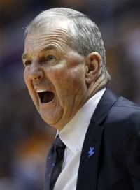 Connecticut head coach Jim Calhoun yells to his team in the second half of an NCAA college basketball game against Tennessee on Saturday, Jan. 21, 2012, in Knoxville, Tenn.