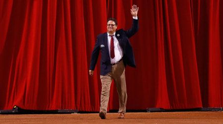 Former Boston Red Sox player Carlton Fisk is honored during a ceremony for the All Fenway Park Team prior to the game against the Tampa Bay Rays on September 26, 2012 at Fenway Park in Boston, Massachusetts
