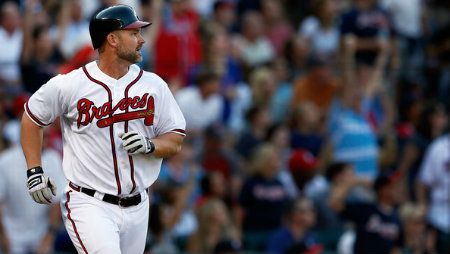 David Ross #8 of the Atlanta Braves watches his ball after hitting a two-run home run in the second inning against the St. Louis Cardinals during the National League Wild Card playoff game at Turner Field on October 5, 2012 in Atlanta, Georgia. 