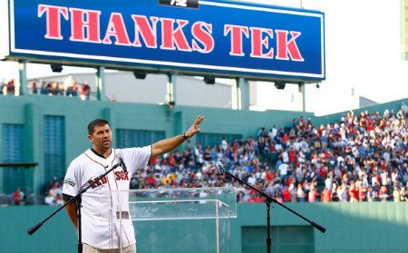 Former Boston Red Sox catcher and two-time World Series Champion, Jason Varitek #33, waves to the crowd while being honored on 'Thanks, Tek Day' at Fenway Park on July 21, 2012 in Boston, Massachusetts prior to the game against the Toronto Blue Jays. 
