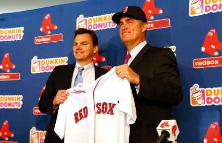 Executive Vice President and General Manager of the Boston Red Sox, Ben Cherington (L), introduces John Farrell as the new manager, the 46th manager in the club's 112-year history, on October 23, 2012 at Fenway Park in Boston, Massachusetts. 
