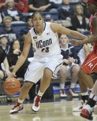 UConn's Kaleena Mosqueda-Lewis drives to the basket against Rutgers at Gampel Pavilion