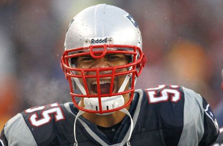 Junior Seau #55 of the New England Patriots reacts during their game against the Arizona Cardinals at Gillette Stadium on December 21, 2008 in Foxboro, Massachusetts.