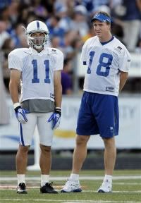 Indianapolis Colts quarterback Peyton Manning, right, and receiver Anthony Gonzalez watch practice as the quarterbacks and receivers run drills during the NFL team's football training camp in Anderson, Ind. , Wednesday, Aug. 10, 2011.