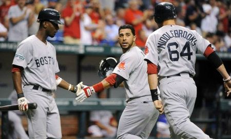 Boston Red Sox's Pedro Ciriaco, left, celebrates with Mike Aviles, center, and Will Middlebrooks after Aviles and Middlebrooks both scored off of Aviles' two-run home run during the second inning of a baseball game against the Tampa Bay Rays, Sunday, July 15, 2012, in St. Petersburg, Fla.