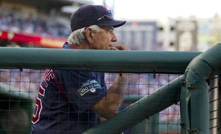 Boston Red Sox manager Bobby Valentine watches during the ninth inning of Boston's 8-7 win over the Washington Nationals in an exhibition baseball game Tuesday, April 3, 2012, in Washington.