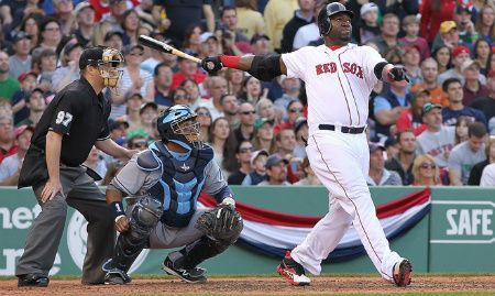 David Ortiz #34 of the Boston Red Sox connects for a two-run home run in the fifth against Tampa Bay Rays at Fenway Park April 14, 2012 in Boston, Massachusetts. 