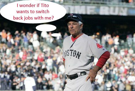 Boston Red Sox manager Bobby Valentine walks off the field after the Detroit Tigers' 13-12 win on Alex Avila's two-run home run in the 11th inning of a baseball game Sunday, April 8, 2012, in Detroit