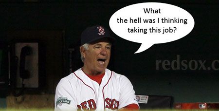Bobby Valentine of the Boston Red Sox reacts to a play in the ninth inning against the Texas Rangers on April 17, 2012 at Fenway Park in Boston, Massachusetts. 