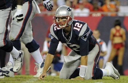 New England Patriots' Tom Brady watches his incomplete pass during their NFL preseason football game against the Tampa Bay Buccaneers in Tampa, Fla. , Friday, Aug. 24, 2012.