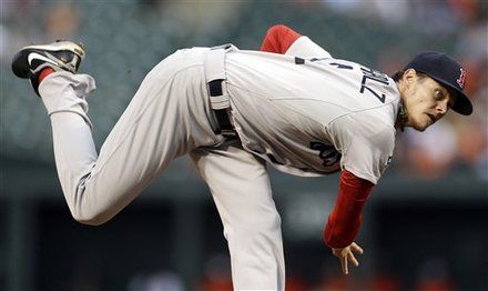 Boston Red Sox starting pitcher Clay Buchholz delivers to the Baltimore Orioles in the first inning 