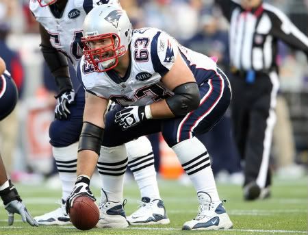 Dan Connolly #63 of the New England Patriots waits for Tom Brady's signal in the first half against the Dallas Cowboys on October 16, 2011 at Gillette Stadium in Foxboro, Massachusetts.