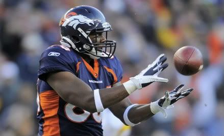 Denver Broncos tight end Daniel Fells makes a catch against the Pittsburgh Steelers during the second quarter of their NFL AFC wildcard playoff football game in Denver, Colorado, January 8, 2012