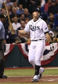 Tampa Bay Rays' Evan Longoria gestures after striking out during the first inning against the Texas Rangers, during Game 3 of baseball's American League division series, Monday, Oct. 3, 2011, in St.Petersburg, Fla.