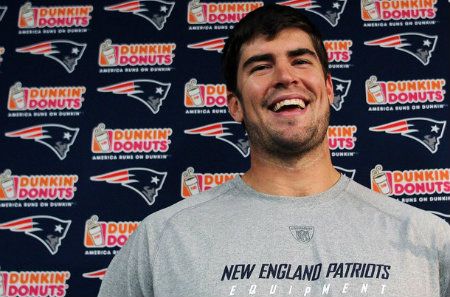 Jake Bequette 66# of the New England Patriots speaks during a press conference before the start of 2012 Rookie Mini Camp at Gillette Stadium on May 11, 2012 in Foxboro, Massachusetts.