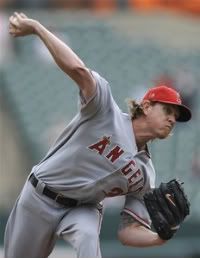 Los Angeles Angels pitcher Jered Weaver delivers against the Baltimore Orioles in the first inning of a baseball game Sunday, Sept. 18, 2011, in Baltimore.
