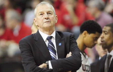 Not even the return of coach Jim Calhoun after a three-game NCAA suspension could save the Huskies, as they lost 67-60 to Rutgers at the Louis Brown Athletic Center in Piscataway, N.J.