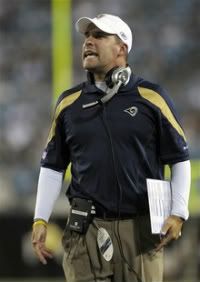 St. Louis Rams offensive coordinator Josh McDaniels calls out to his players during the second half of an NFL preseason football game against the Jacksonville Jaguars in Jacksonville, Fla.
