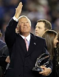 Robert Kraft, team owner of the New England Patriots celebrates with the trophy after his team defeated the Baltimore Ravens in the AFC Championship Game at Gillette Stadium on January 22, 2012 in Foxboro, Massachusetts. 