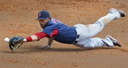 Boston Red Sox shortstop Mike Aviles dives but can't make the play on a single by Tampa Bay Ray's Desmond Jennings during the third inning of a spring training baseball game in Port Charlotte, Fla. , Sunday, March 18, 2012.