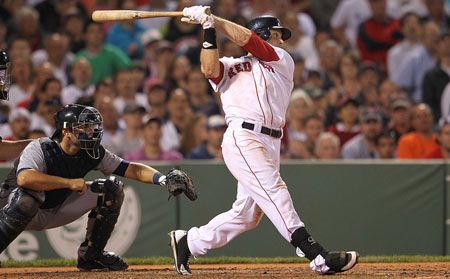 : Daniel Nava #66 of the Boston Red Sox hits a three-run double against the Detroit Tigers in the fourth inning at Fenway Park May 29, 2012 in Boston, Massachusetts. 