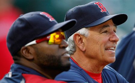 Manager Bobby Valentine (R) and David Ortiz #34 of the Boston Red Sox look on during batting practice before the start of the Red Sox game against the Baltimore Orioles at Oriole Park at Camden Yards on May 22, 2012 in Baltimore, Maryland. 