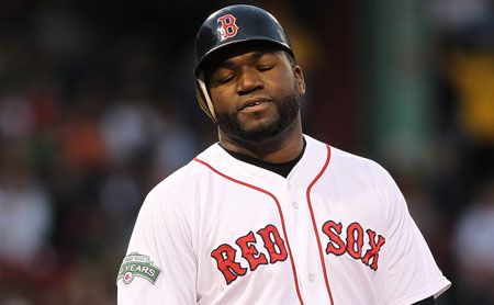 David Ortiz #34 of the Boston Red Sox reacts after flying out against the Baltimore Orioles at Fenway Park June 6, 2012 in Boston, Massachusetts.