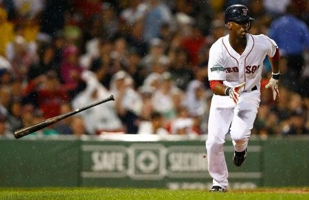 Pedro Ciriaco #77 of the Boston Red Sox hits an RBI single in the fourth inning against the Detroit Tigers during the game on July 31, 2012 at Fenway Park in Boston, Massachusetts.