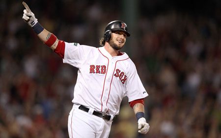 Jarrod Saltalamacchia #39 of the Boston Red Sox reacts after hitting a home run against the Tampa Bay Rays in the bottom of the ninth inning at Fenway Park on May 26, 2012 in Boston, Massachusetts