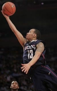 Connecticut's Shabazz Napier takes the ball to the hoop during the second round of the Big East NCAA college basketball conference tournament against West Virginia in New York, Wednesday, March 7, 2012.