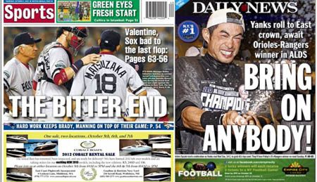 Boston Herald and NY Daily News sports covers for October 4, 2012