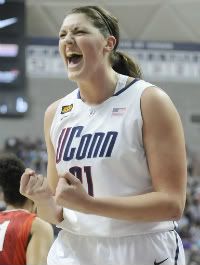 UConn's Stefanie Dolson reacts to a Huskies basket against Rutgers at Gampel Pavilion Saturday. 