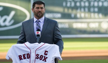 Boston Red Sox catcher Jason Varitek announces his retirement from baseball during a news conference at the team's spring training complex in Fort Myers, Florida, March 1, 2012.