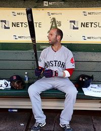 Dustin Pedroia #15 of the Boston Red Sox sits in the dugout before their game against the Oakland Athletics at O.co Coliseum on July 3, 2012 in Oakland, California.