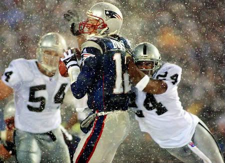 New England quarterback Tom Brady in the fourth quarter of the infamous "Tuck Rule" Divisional Playoff game. Wednesday is the 10th anniversary of the "Tuck Rule" game, which saw referee Walt Coleman controversially overturn Brady's fumble to give the ball back to the Patriots, paving the way for New England's 16-13 overtime victory.