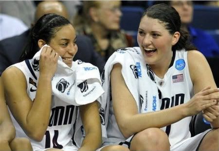 Connecticut's Bria Hartley, left, and Stefanie Dolson share a light moment late in the second half of an NCAA tournament second-round college basketball game against Kansas State in Bridgeport, Conn., Monday, March 19, 2012.