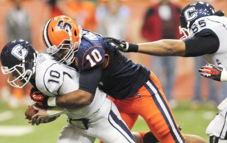  Chandler Whitmer is sacked by Syracuse defensive end Markus Pierce-Brewster in the second quarter. 