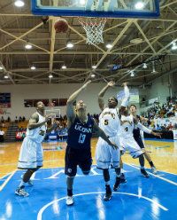 UConn guard Shabazz Napier drives between Quinnipiac's Jamee Jackson, left, and Shaq Shannon during the first half. 