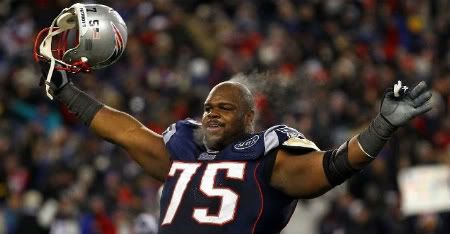 Vince Wilfork #75 of the New England Patriots celebrates after defeating the Baltimore Ravens in the AFC Championship Game at Gillette Stadium on January 22, 2012 in Foxboro, Massachusetts.