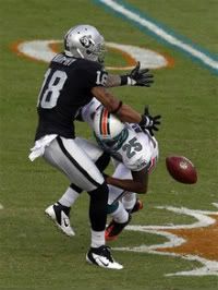 Oakland Raiders wide receiver Louis Murphy (18) cannot hold on to the ball as Miami Dolphins cornerback Will Allen (25) defends during the second half of an NFL football game on Sunday, Dec. 4, 2011, in Miami , Fla