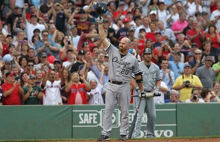 Kevin Youkilis #20 of the Chicago White Sox reacts to the fans before his first at bat against the Boston Red Sox at Fenway Park July 16, 2012 in Boston, Massachusetts.