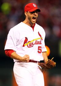 Pitcher Adam Wainwright #50 of the St. Louis Cardinals reacts after the end of the sixth inning against the San Francisco Giants in Game Four of the National League Championship Series at Busch Stadium on October 18, 2012 in St Louis, Missouri.