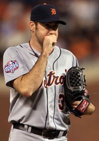 Justin Verlander #35 of the Detroit Tigers looks on against the San Francisco Giants during Game One of the Major League Baseball World Series at AT&T Park on October 24, 2012 in San Francisco, California. 