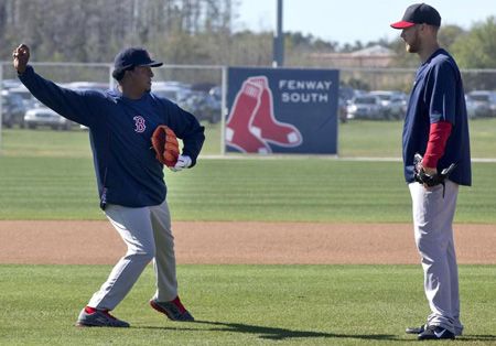 Pedro Martinez works with Daniel Bard during 2013 Red Sox spring training