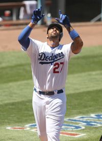 Matt Kemp #27 of the Los Angeles Dodgers cewlebrates as he crosses home after hitting a solo home run in the second inning against the Arizona Diamondbacks on September 2, 2012 at Dodger Stadium in Los Angeles, California