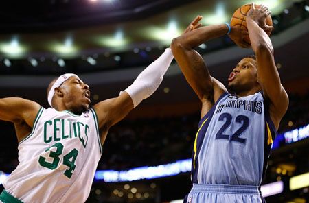 Rudy Gay #22 of the Memphis Grizzlies takes a shot over Paul Pierce #34 of the Boston Celtics during the game on January 2, 2013 at TD Garden in Boston, Massachusetts.