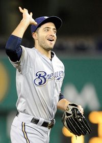  Ryan Braun #8 of the Milwaukee Brewers celebrates after a 6-0 win over the Pittsburgh Pirates on September 18, 2012 at PNC Park in Pittsburgh, Pennsylvania. 
