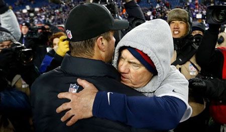  Head coach John Harbaugh of the Baltimore Ravens hugs head coach Bill Belichick of the New England Patriots after winning the 2013 AFC Championship game at Gillette Stadium on January 20, 2013 in Foxboro, Massachusetts.