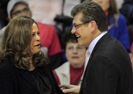  UConn coach Geno Auriemma greets Rutgers coach C. Vivian Stringer before the game Saturday. Since Rutgers is joining the Big Ten after the season, this may be the last time that they will meet. 