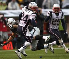Jonathan Wilhite (24) of the New England Patriots intercepts the ball in the first half against the Oakland Raiders during an NFL game on December 14, 2008 at the Oakland-Alameda County Coliseum - Getty Images